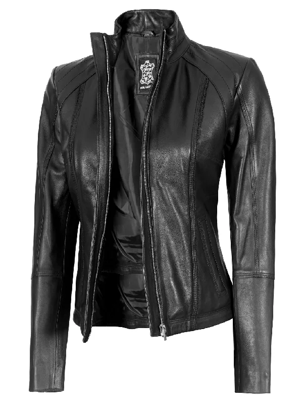 Acerra Women's Black Leather Cafe Racer Biker Jacket