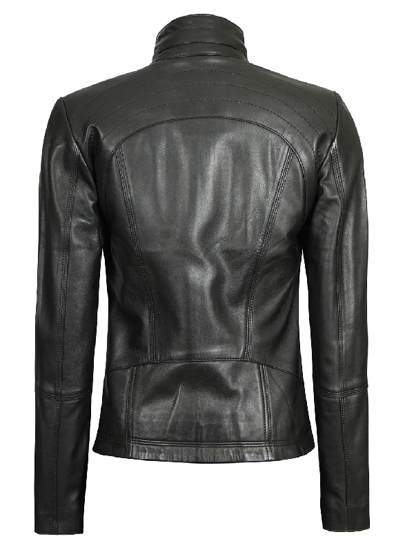 Acerra Women's Black Leather Cafe Racer Biker Jacket