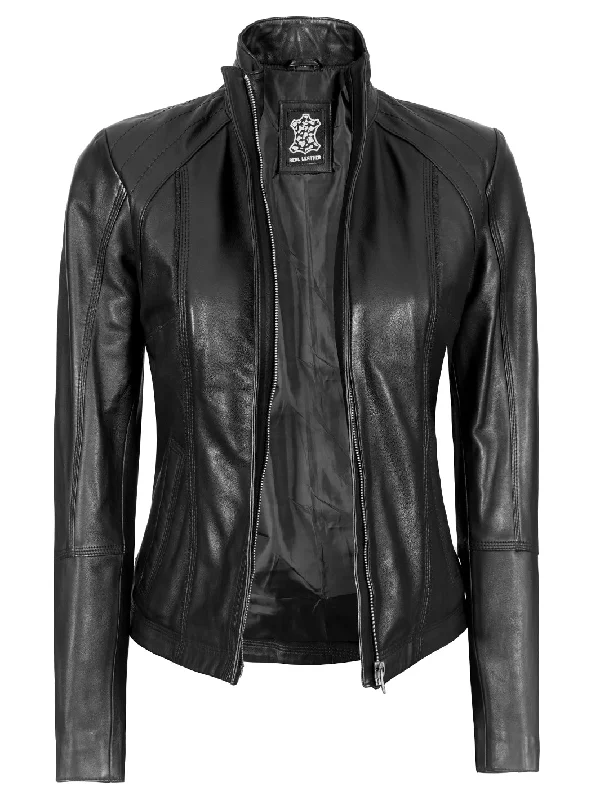 Acerra Women's Black Leather Cafe Racer Biker Jacket