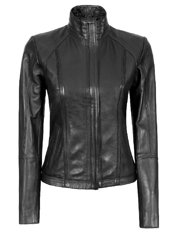 Acerra Women's Black Leather Cafe Racer Biker Jacket