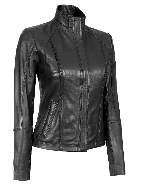 Acerra Women's Black Leather Cafe Racer Biker Jacket