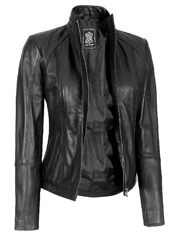 Acerra Women's Black Leather Cafe Racer Biker Jacket