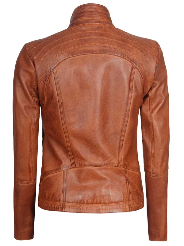 Acerra Womens Cognac Cafe Racer Biker Leather Jacket