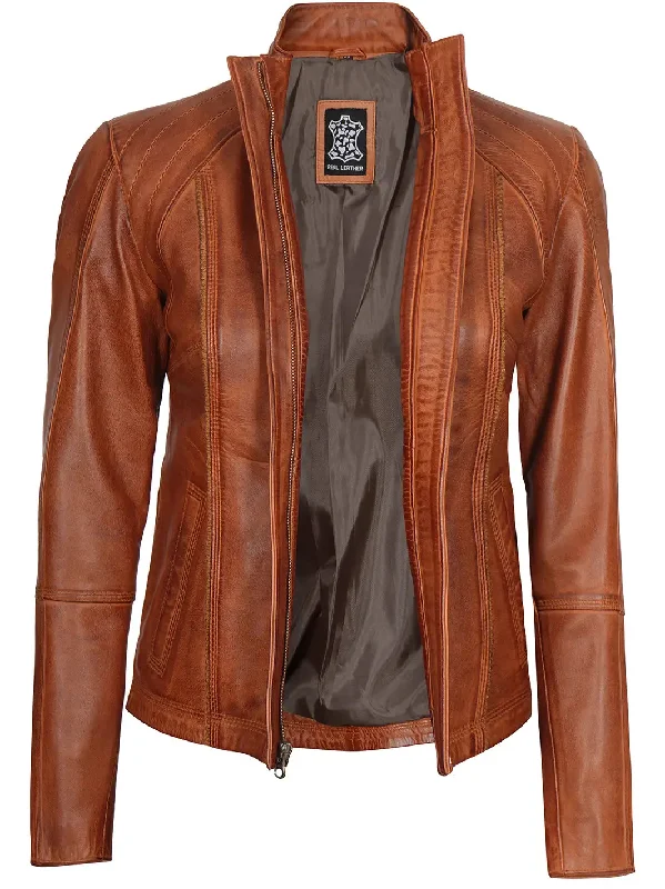 Acerra Womens Cognac Cafe Racer Biker Leather Jacket