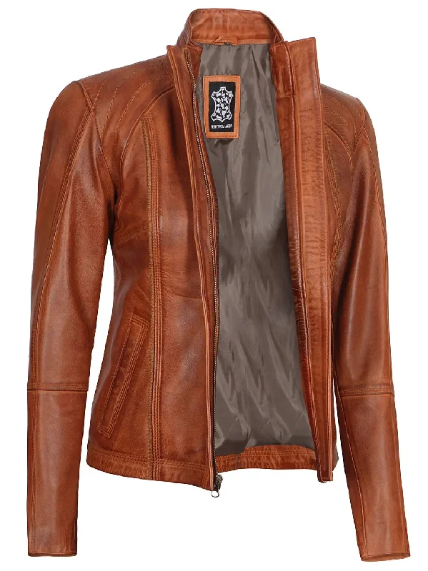 Acerra Womens Cognac Cafe Racer Biker Leather Jacket