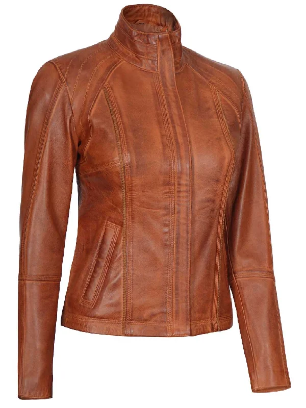 Acerra Womens Cognac Cafe Racer Biker Leather Jacket