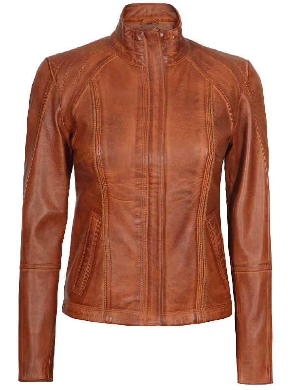 Acerra Womens Cognac Cafe Racer Biker Leather Jacket