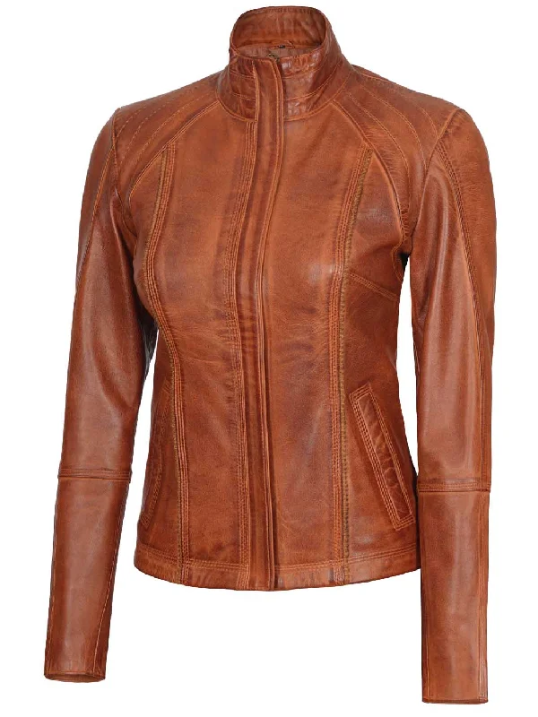 Acerra Womens Cognac Cafe Racer Biker Leather Jacket