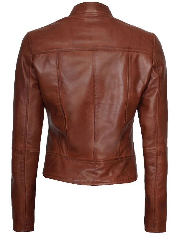 Amy Women Cognac Cafe Racer Leather Jacket