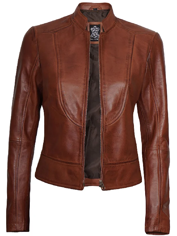 Amy Women Cognac Cafe Racer Leather Jacket