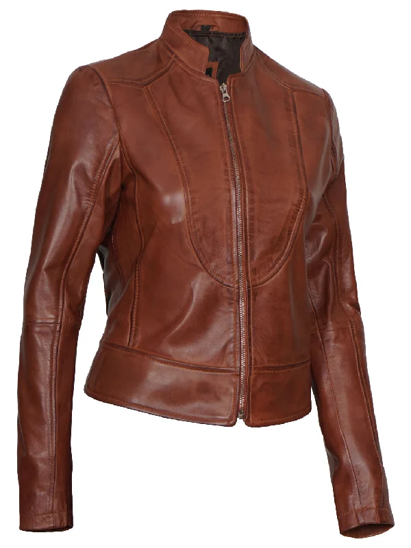 Amy Women Cognac Cafe Racer Leather Jacket