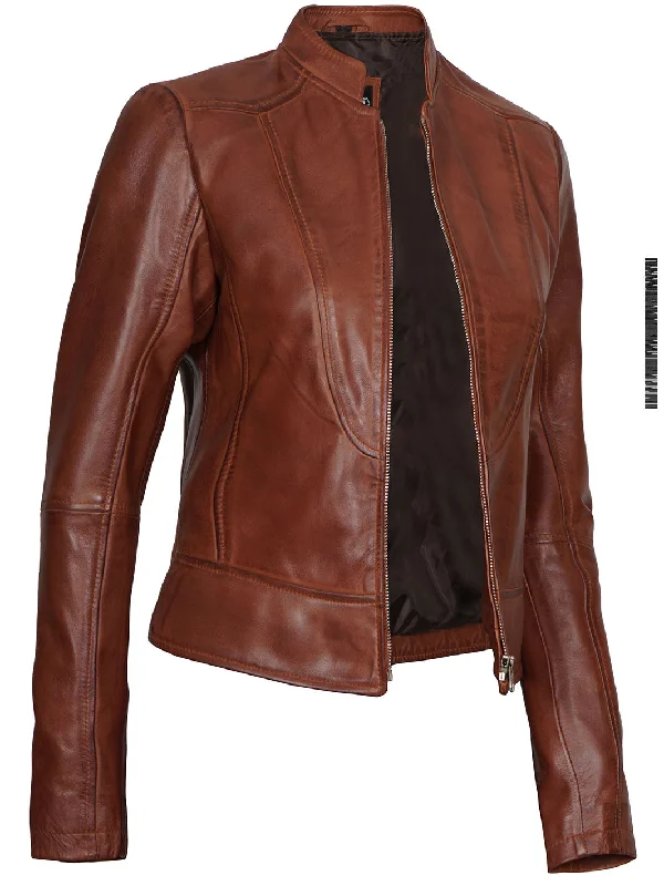 Amy Women Cognac Cafe Racer Leather Jacket