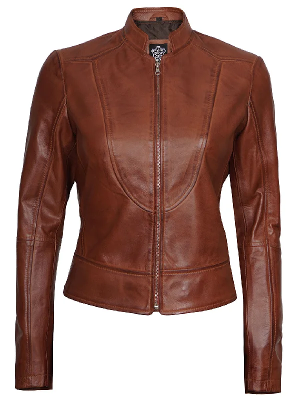 Amy Women Cognac Cafe Racer Leather Jacket