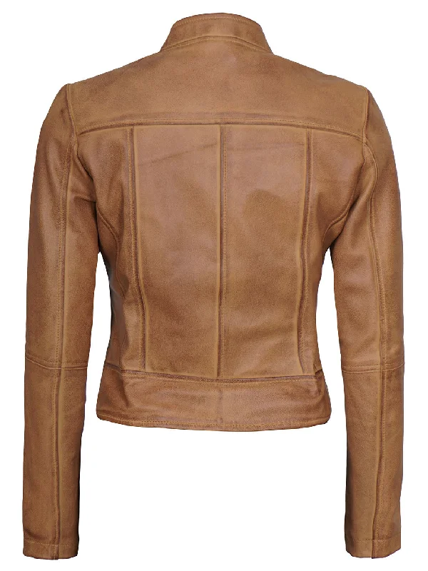 Amy Womens Camel Leather Moto Jacket