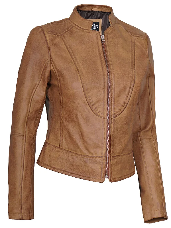 Amy Womens Camel Leather Moto Jacket