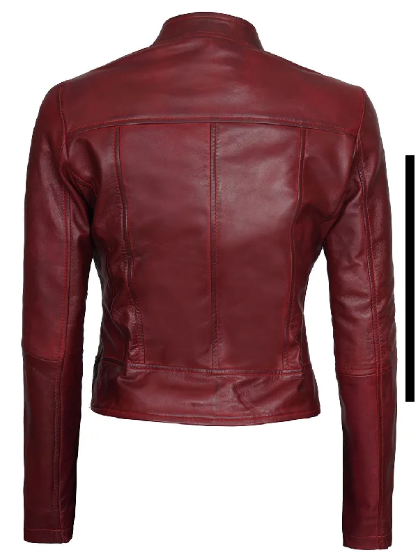 Amy Womens Maroon Cafe Racer Leather Jacket