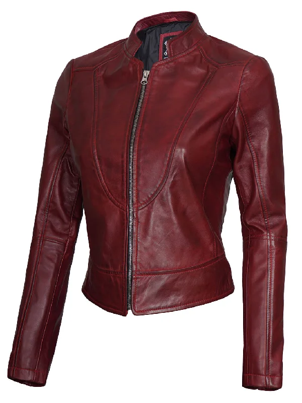 Amy Womens Maroon Cafe Racer Leather Jacket