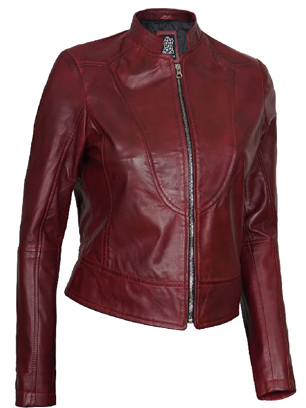 Amy Womens Maroon Cafe Racer Leather Jacket