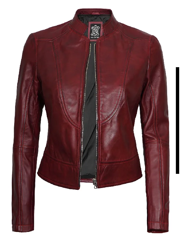 Amy Womens Maroon Cafe Racer Leather Jacket