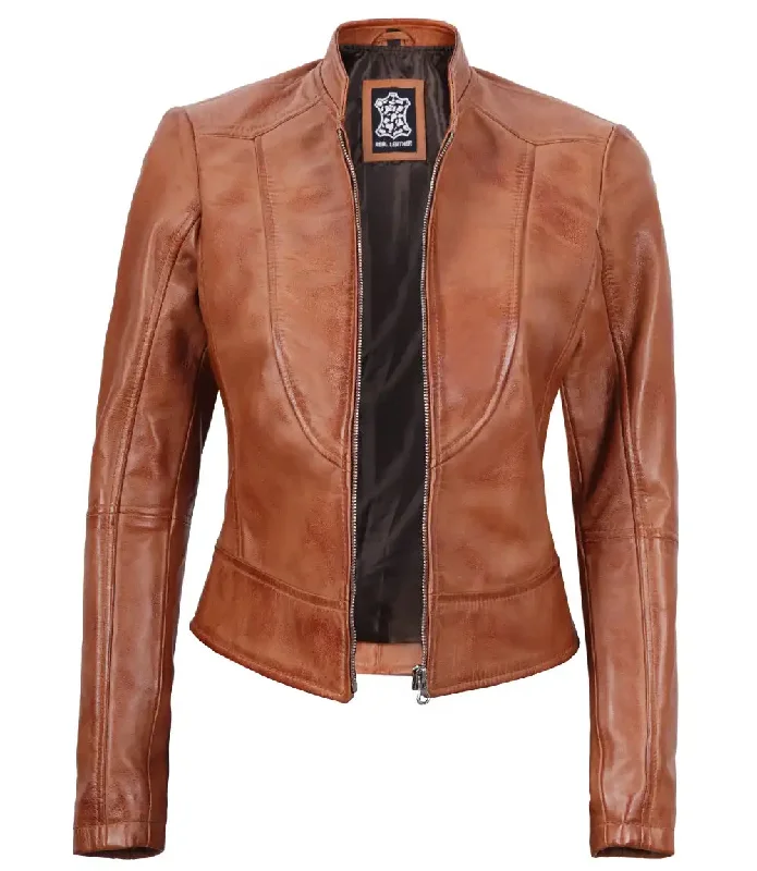 Amy Womens Cafe Racer Tan Motocycle Leather Jacket