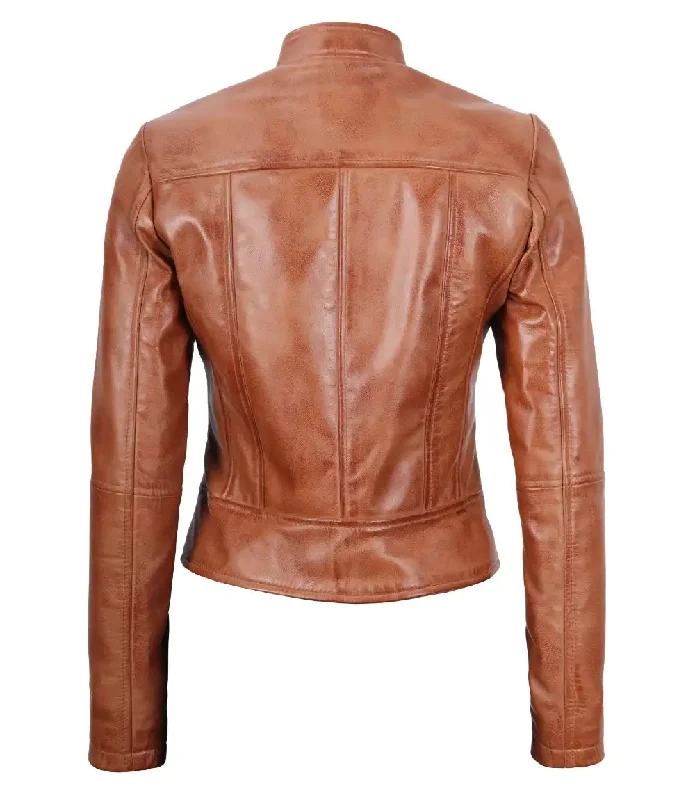 Amy Womens Cafe Racer Tan Motocycle Leather Jacket