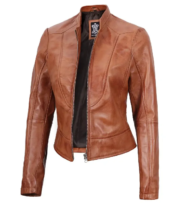 Amy Womens Cafe Racer Tan Motocycle Leather Jacket