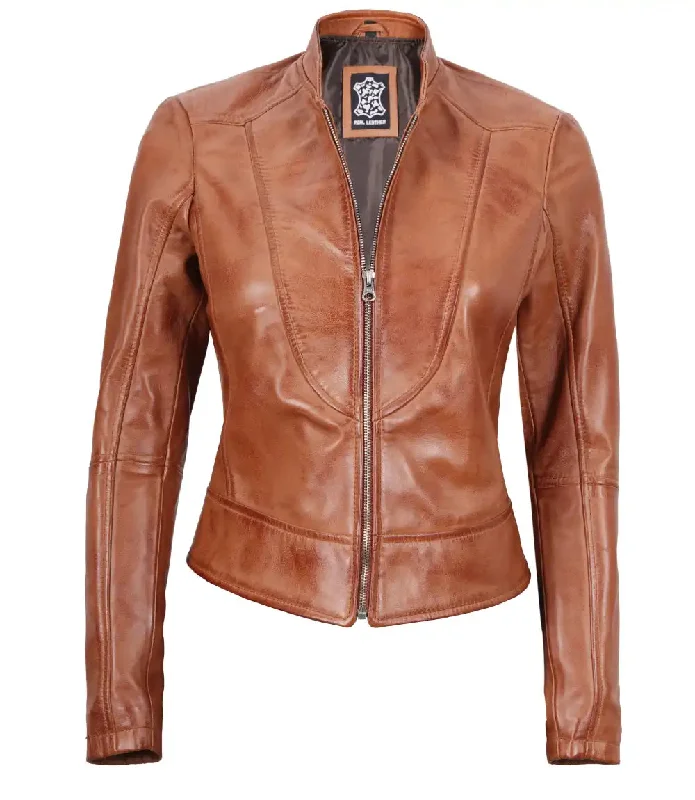 Amy Womens Cafe Racer Tan Motocycle Leather Jacket