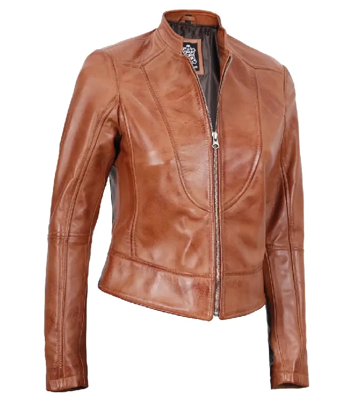 Amy Womens Cafe Racer Tan Motocycle Leather Jacket