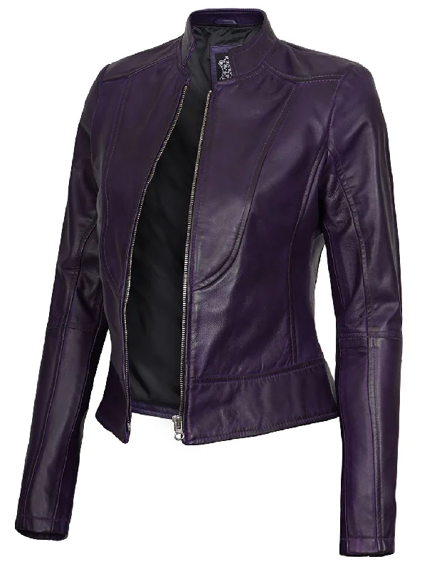 Amy Womens Cafe Racer Fitted Purple Leather Jacket