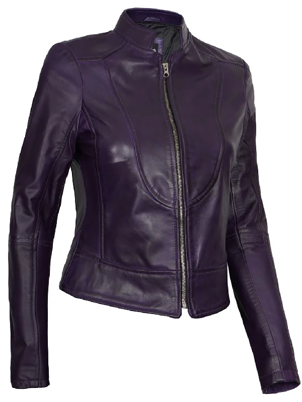 Amy Womens Cafe Racer Fitted Purple Leather Jacket