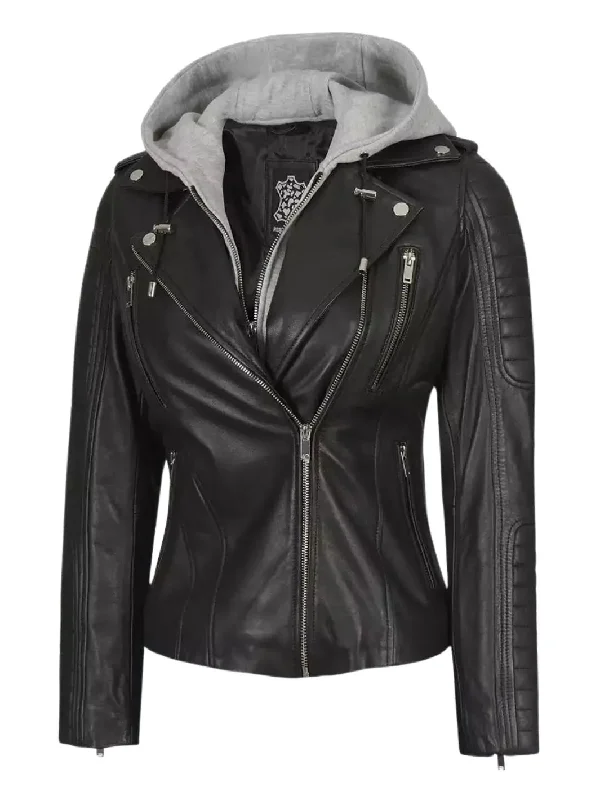 Bagheria Womens Black Leather Biker Jacket With Removable Hood