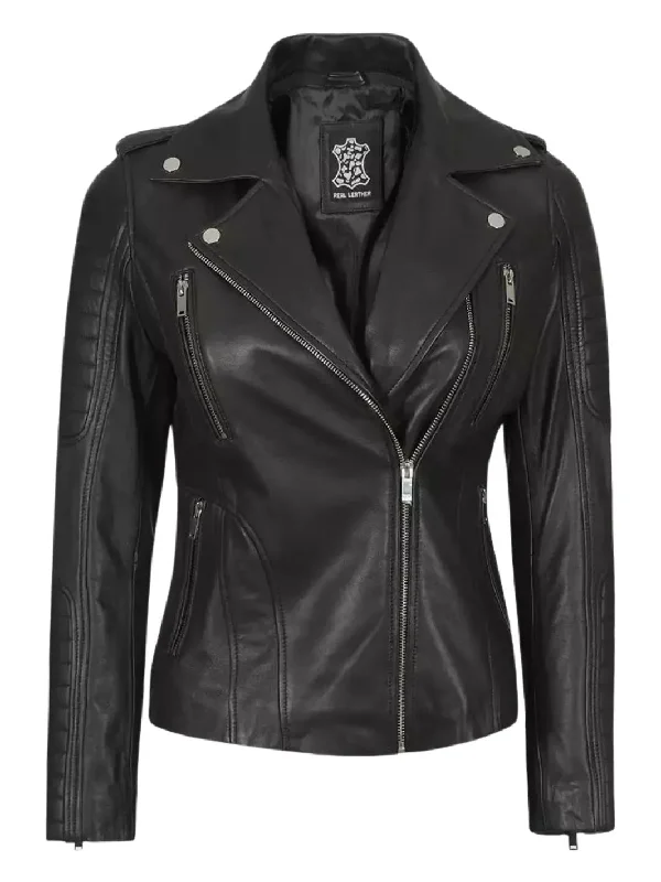 Bagheria Womens Black Leather Biker Jacket With Removable Hood