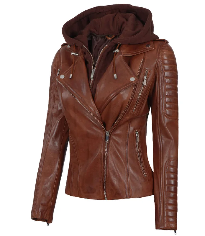 Bagheria Women Cognac Biker Leather Jacket With Removable Hood