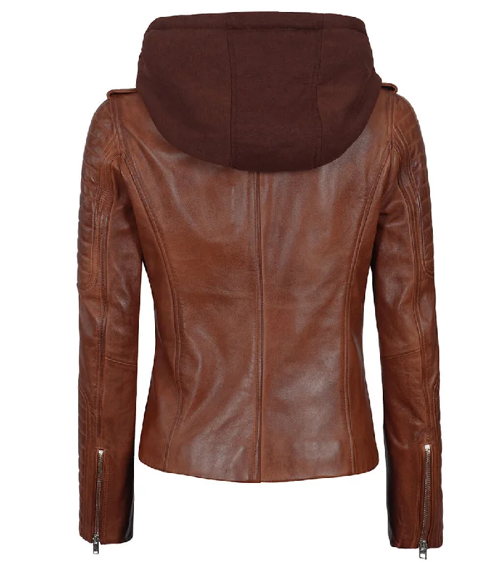 Bagheria Women Cognac Biker Leather Jacket With Removable Hood