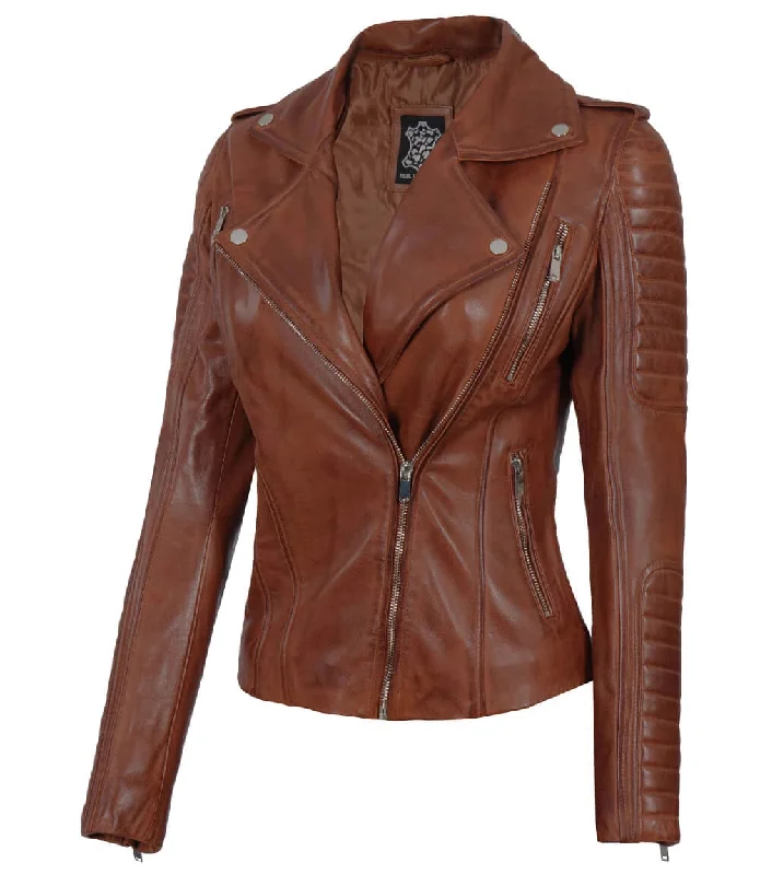 Bagheria Women Cognac Biker Leather Jacket With Removable Hood