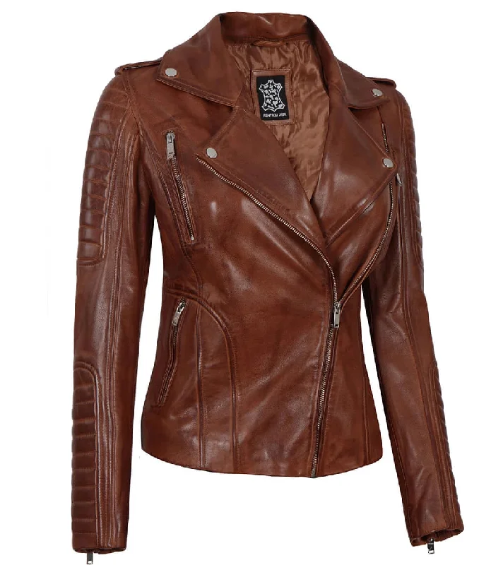 Bagheria Women Cognac Biker Leather Jacket With Removable Hood