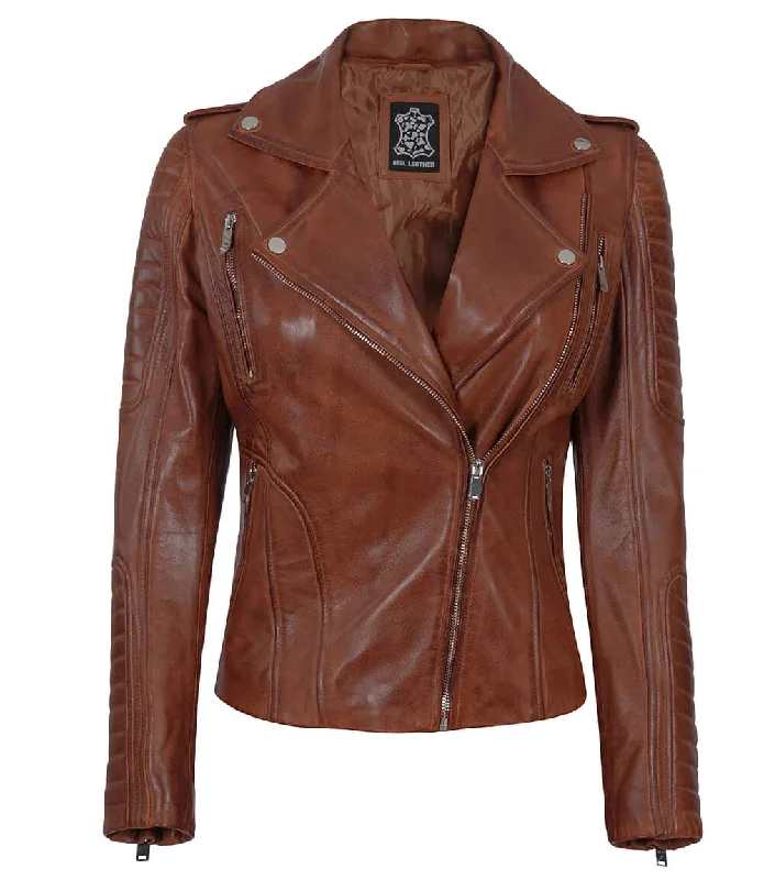 Bagheria Women Cognac Biker Leather Jacket With Removable Hood