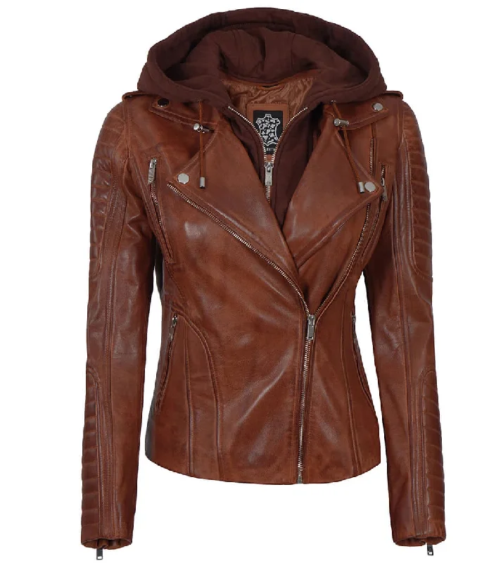 Bagheria Women Cognac Biker Leather Jacket With Removable Hood