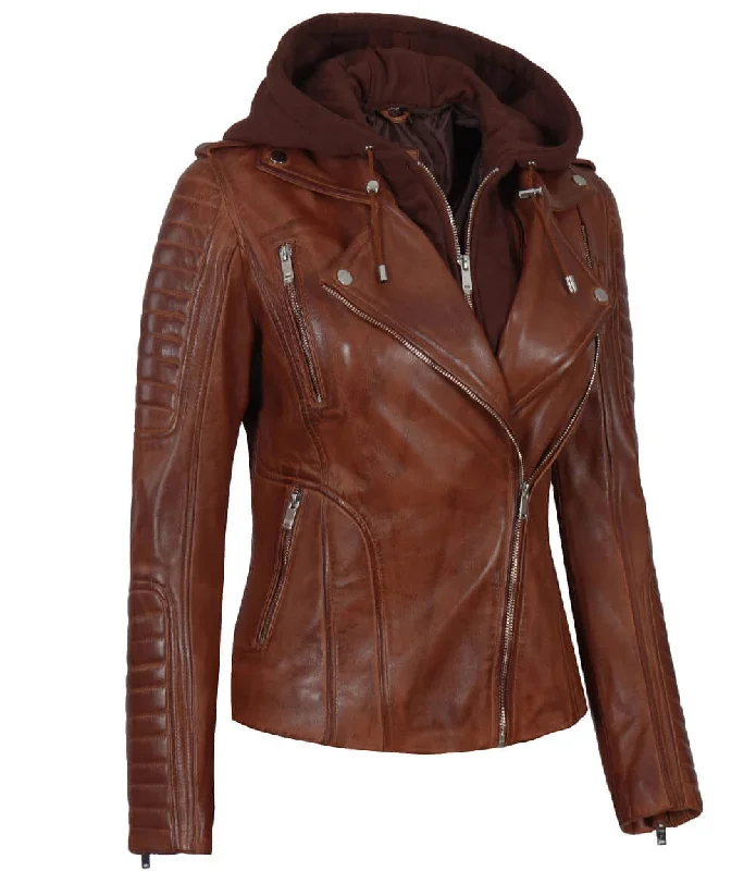 Bagheria Women Cognac Biker Leather Jacket With Removable Hood