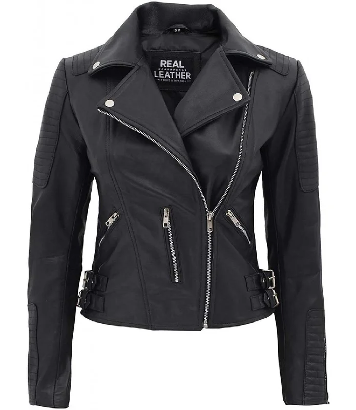 Bari Women Asymmetrical Black Leather Moto Jacket