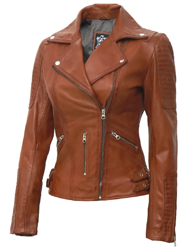 Bari Tan Leather Asymmetrical Biker Jacket For Women