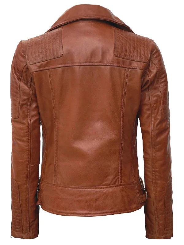 Bari Tan Leather Asymmetrical Biker Jacket For Women