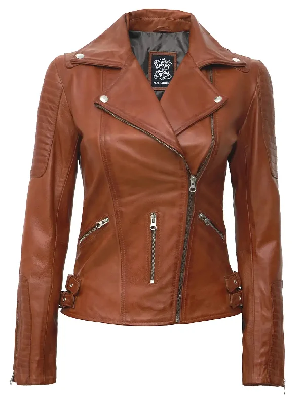 Bari Tan Leather Asymmetrical Biker Jacket For Women