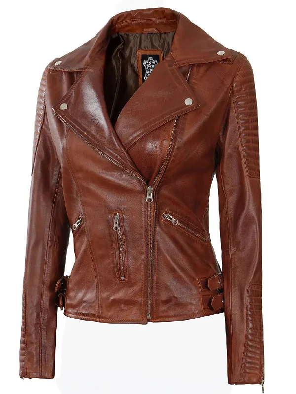 Bari Womens Cognac Asymmetrical Leather Moto Jacket