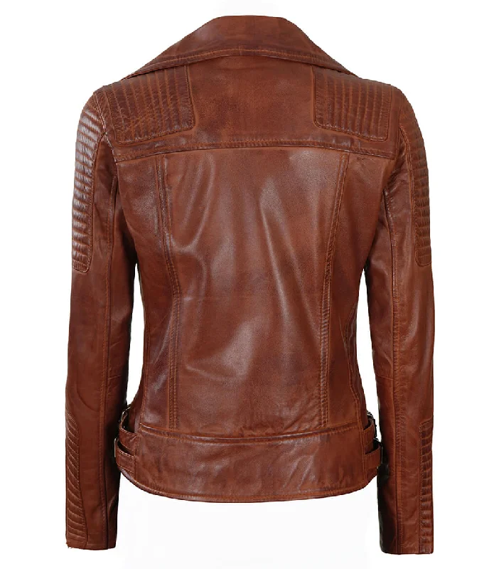 Bari Womens Cognac Asymmetrical Leather Moto Jacket