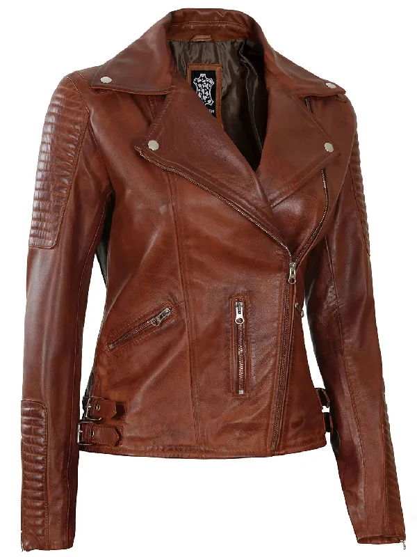 Bari Womens Cognac Asymmetrical Leather Moto Jacket