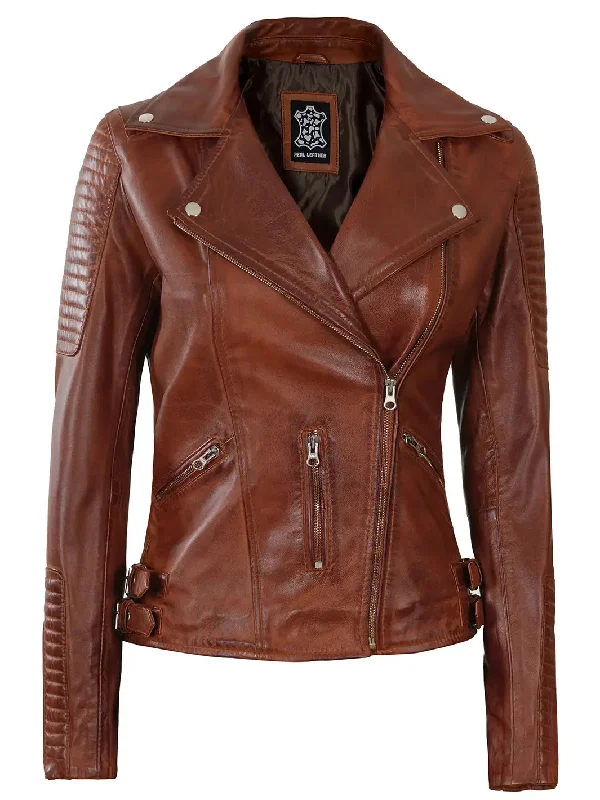 Bari Womens Cognac Asymmetrical Leather Moto Jacket