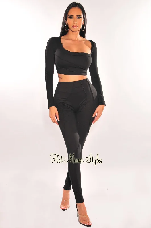 Black Asymmetrical Long Sleeve Pants Two Piece Set