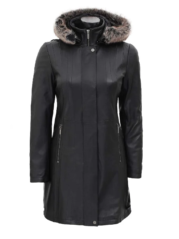 Jean Womens Black Real Leather Hooded Shearling Coat