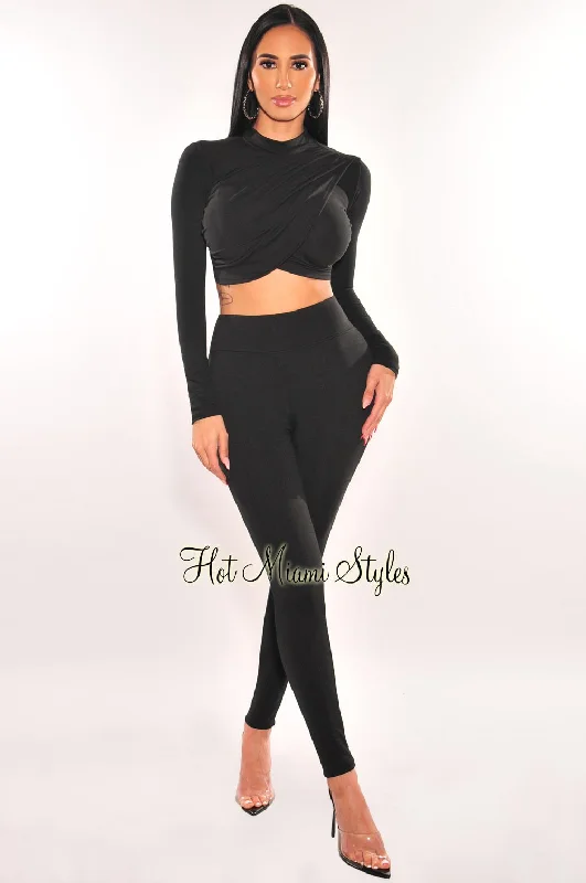 Black Mock Neck Overlay Long Sleeve Pants Two Piece Set